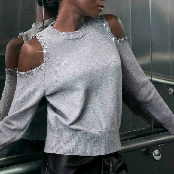 Women's Grey Rhinestone Embellished Open Shoulder Casual Crew Neck Long Sleeve - Picture 1 of 6